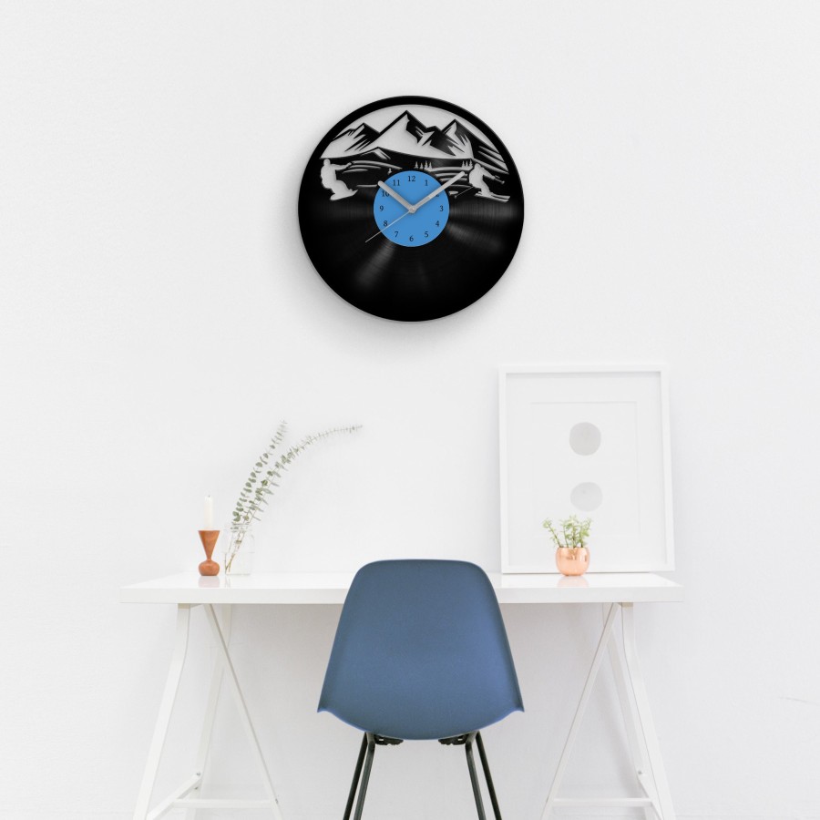 Skiing Vinyl Wall Clock for Winter Sports Fan, Skiers Gift, Winter Sports Art, Free Shipping Worldwide, Downhill, Mountains Themed Gift